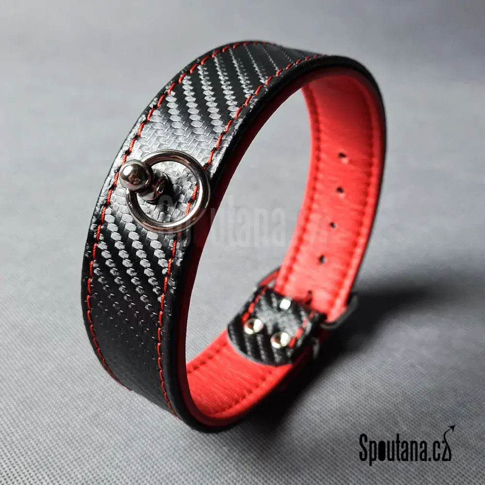 Kožený Fetish Obojek Carbon Červený 33-42cm