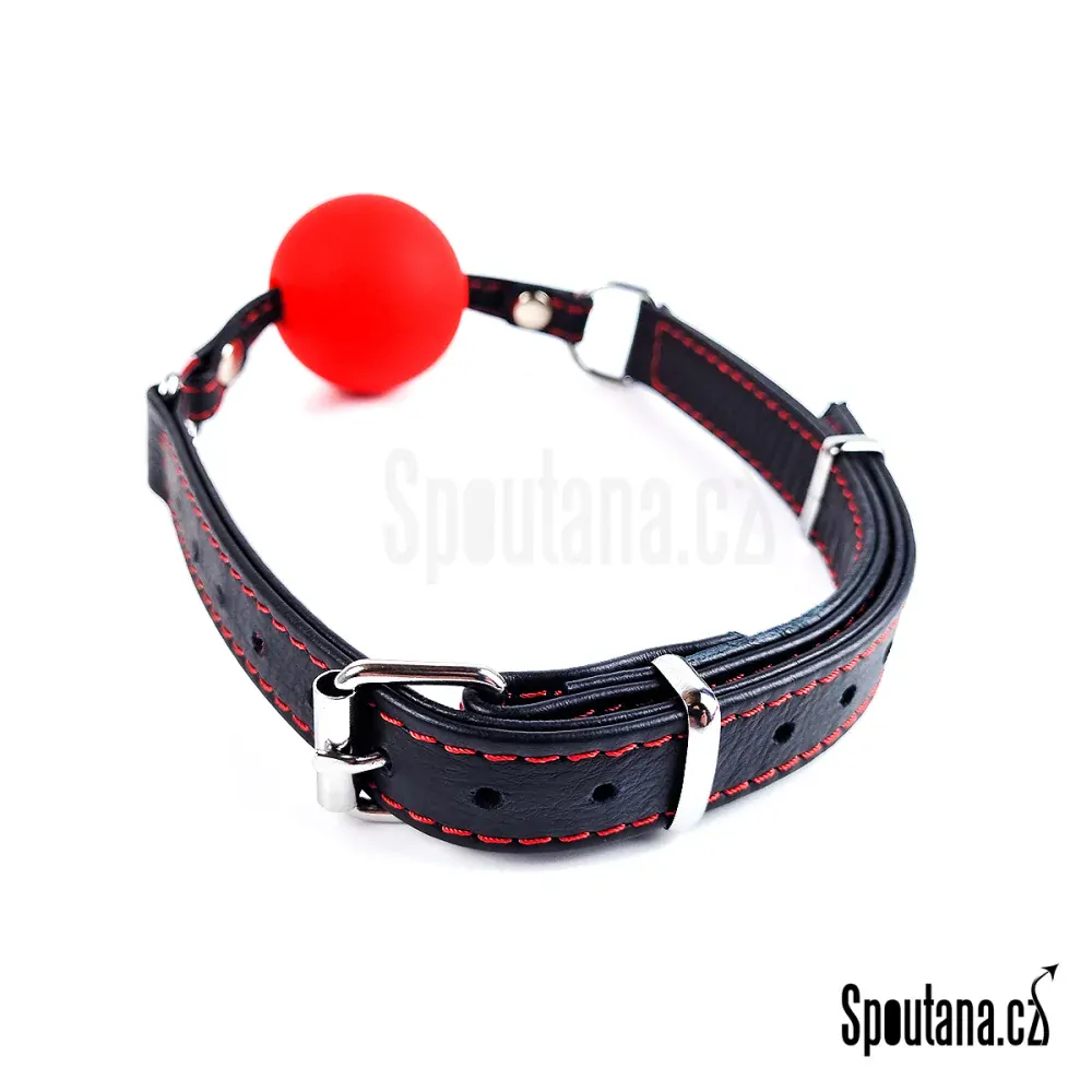 Luxusní Kožený BDSM Roubík Černý s Červeným Prošitím