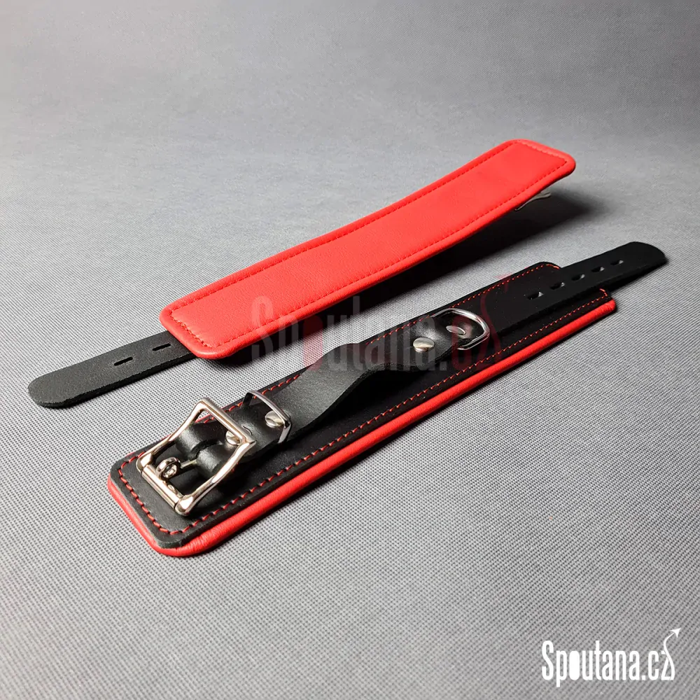 Kožená Polstrovaná BDSM Pouta Zápěstí “Luxury” Červená