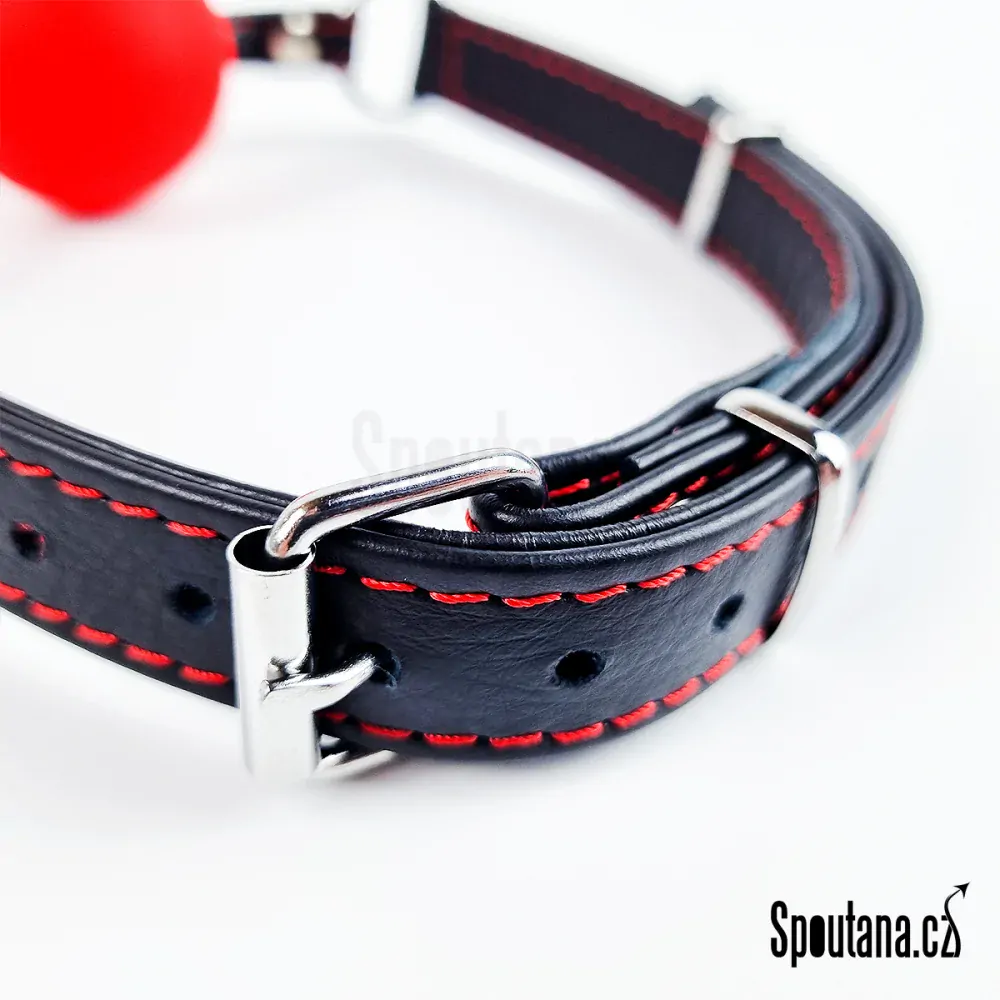 Luxusní Kožený BDSM Roubík Černý s Červeným Prošitím