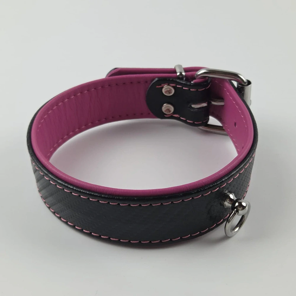 Kožený obojek carbon růžový s očkem - výprodej